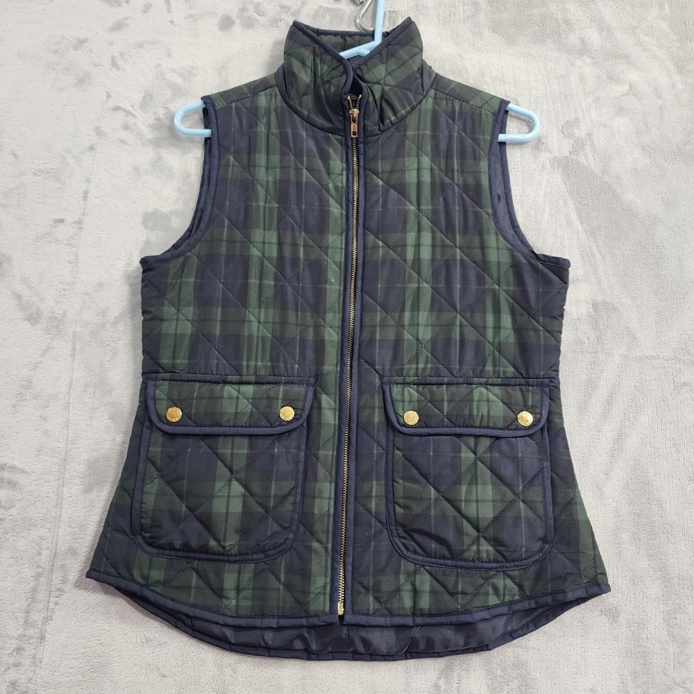 British Khaki Vest Womens S Green Navy Plaid Quilted Full Zip Pockets Preppy